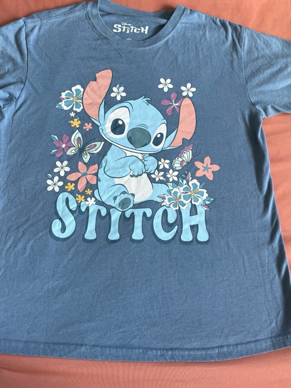 Disney Blue Stitch Graphic Tee with Pink & White Floral Accents